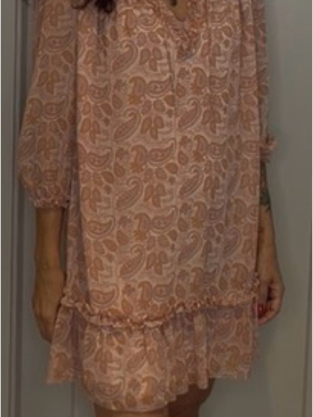 Aritzia Peach Paisley Ruffle-Hem Long Sleeve Dress